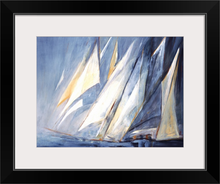 A contemporary painting of sailboats on rough waters.