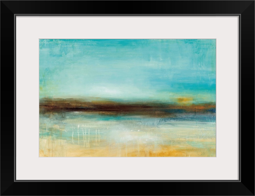 A abstract landscape in textured shades of blue and brown with a dark line through the center.