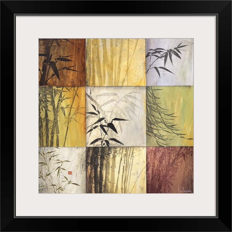 Square painting of nine images of bamboo in different colors and views.
