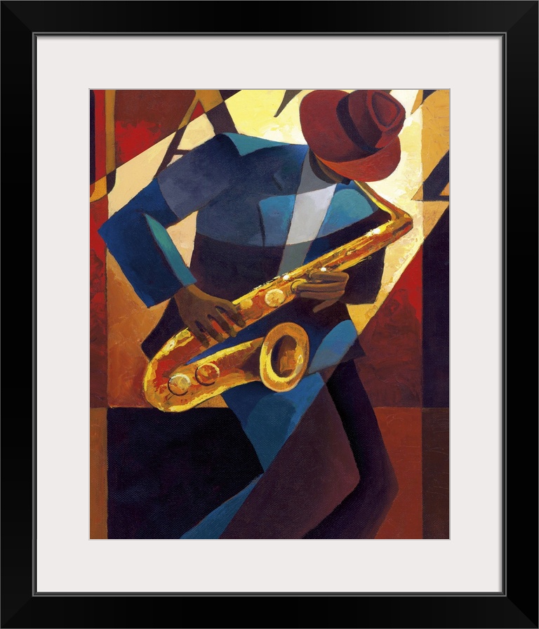 Contemporary painting of a jazz musician playing the saxophone.