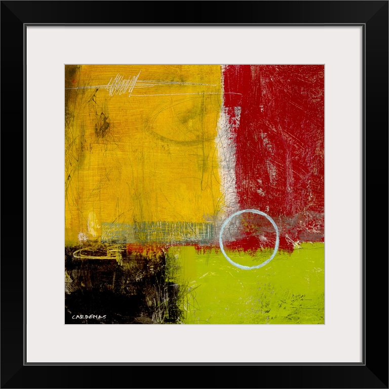 Red, mustard, lime green and black abstract, square.