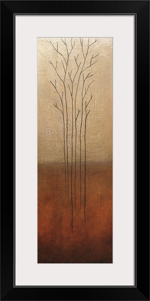 Vertical contemporary painting of thin black branches against a beige and brown textured background.