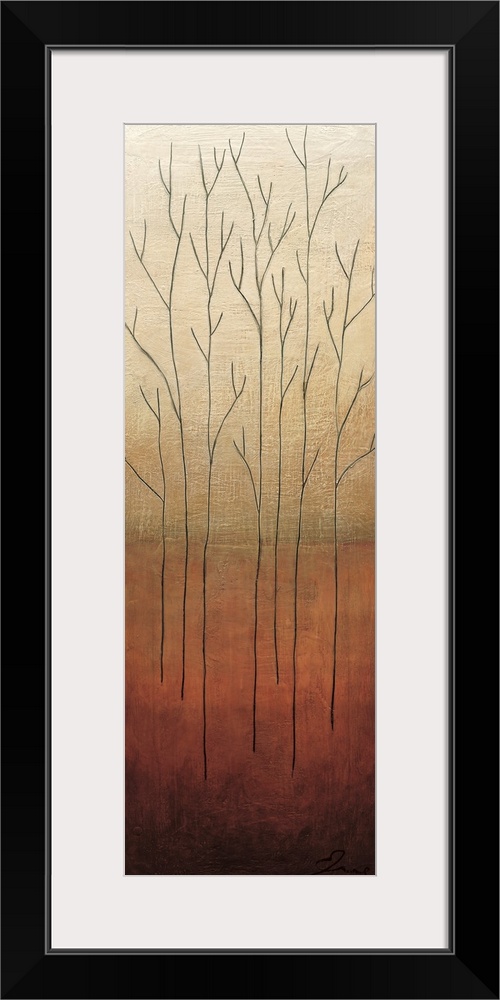 Vertical contemporary painting of thin black branches against a beige and brown textured background.