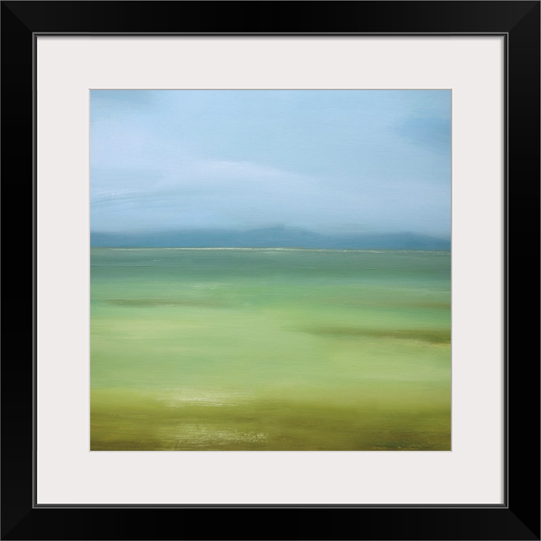 Square painting of a landscape of green grass and blue skies.