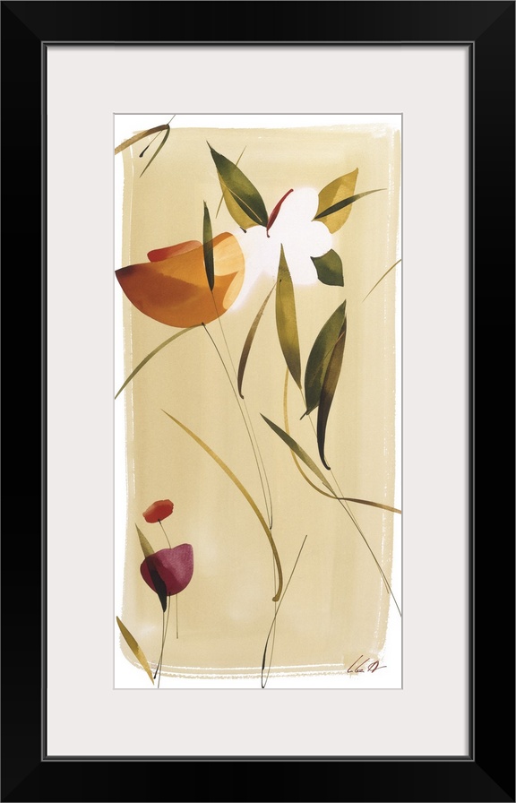 A long vertical painting in a modern design of flowers.