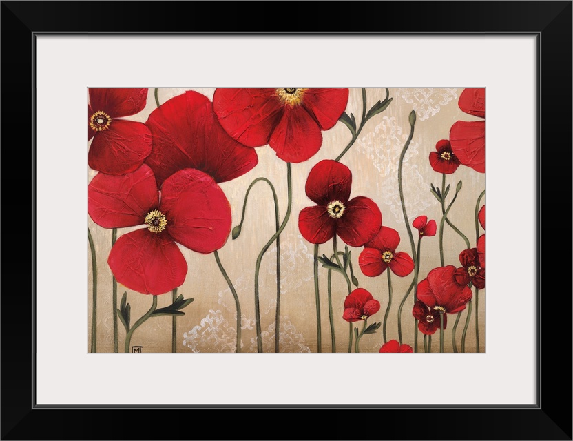 Contemporary painting of a group of red flowers with textured petals against a neutral backdrop with a floral design.
