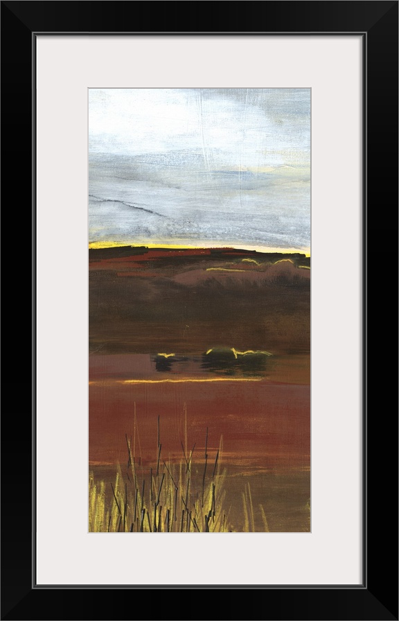 A long vertical painting of an abstract landscape of a prairie field in textured earth tones.