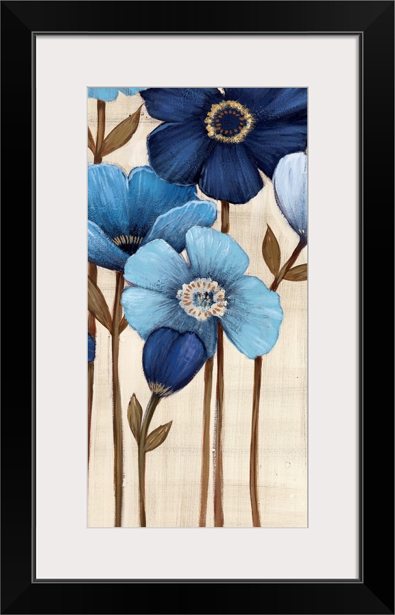 Vertical painting of a group of blue flowers against a neutral backdrop.