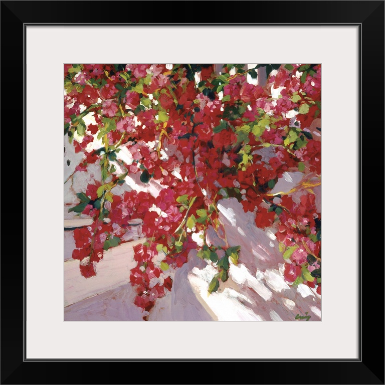 A square contemporary painting of a red blooming hanging plant on a porch.
