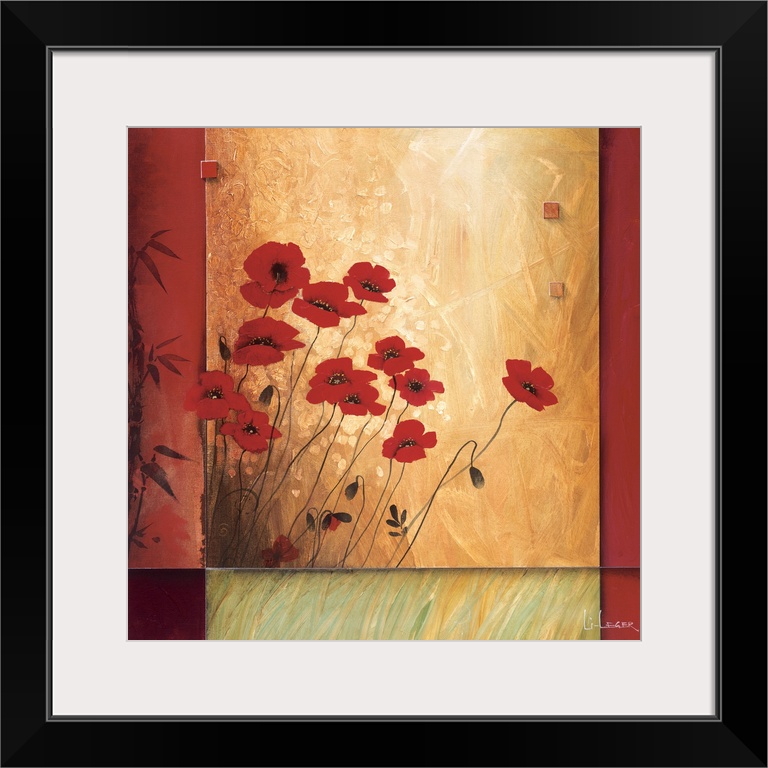 A contemporary painting of red poppies bordered with a square grid design.