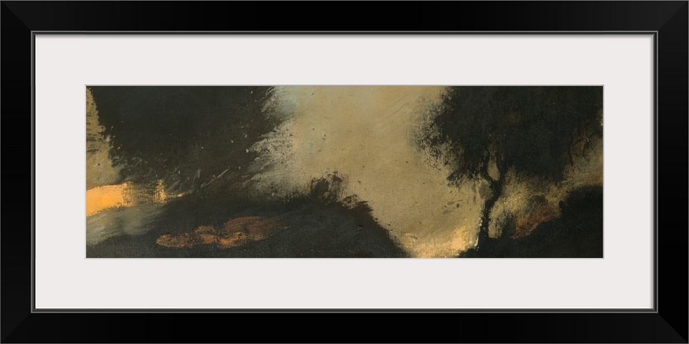 A long horizontal abstract landscape in dark hues of black and brown.