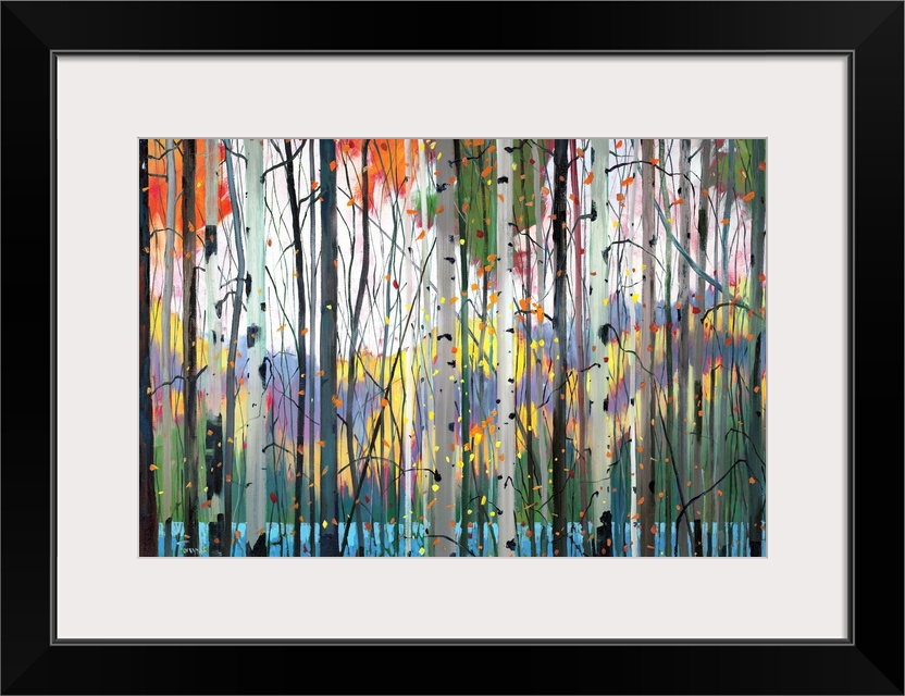 Contemporary painting of a forest full of colorful trees in tones of red, yellow and orange with water and mountains in th...