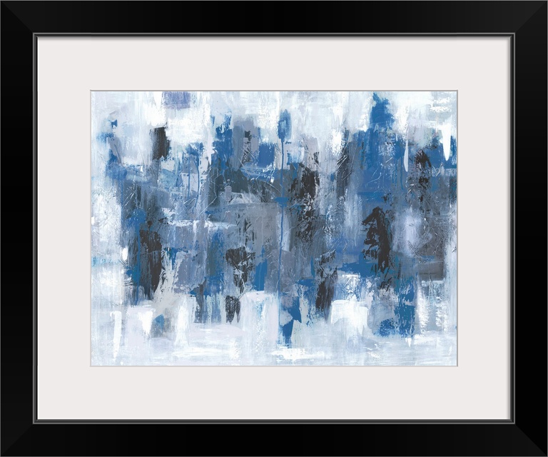 Abstract painting in textured colors of blue, black, white and gray.