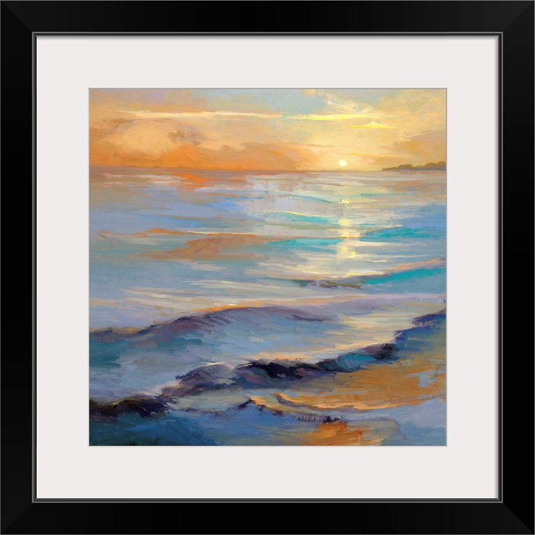 Square painting of gentle waves in the ocean with the sun reflecting in the water.