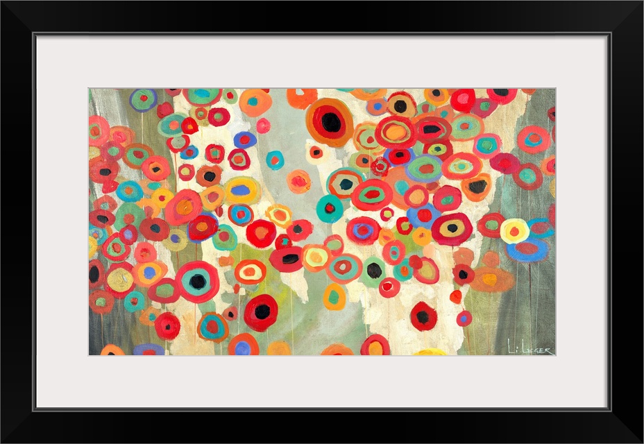 Horizontal painting of a group of multi-colored circles against a neutral backdrop.