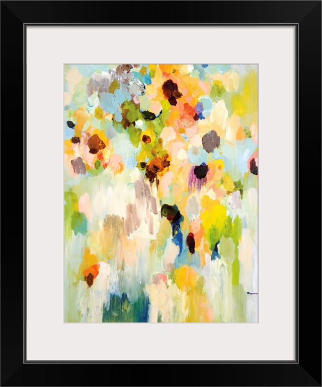An abstract floral painting of a large vase of bright colored flowers blending together in small streaks of paint.