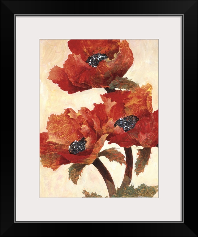 Vertical painting of a group of textured red poppies against a neutral backdrop.