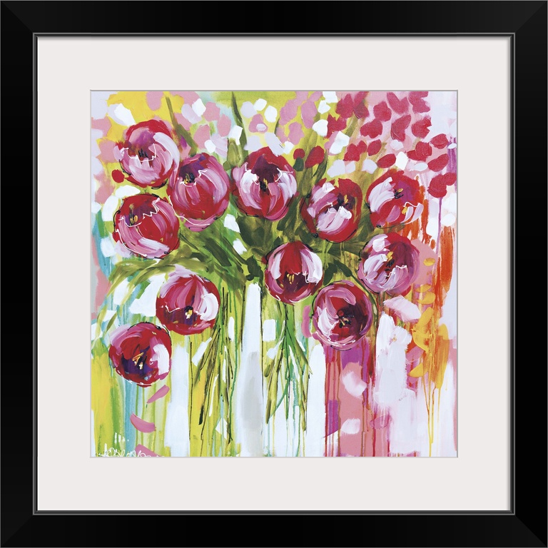 Square contemporary painting of a bunch of pink tulips in vases.