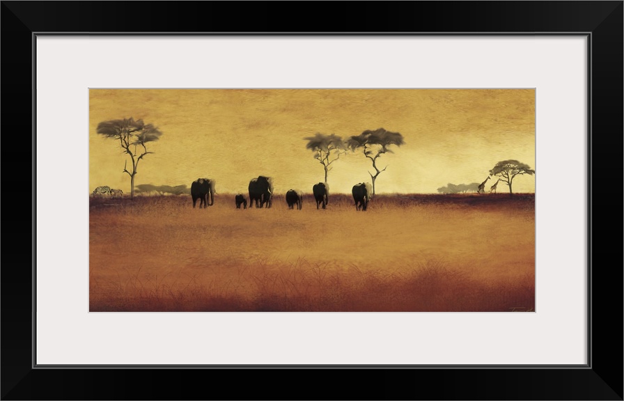 Painting of the African plains with animals in the distance.