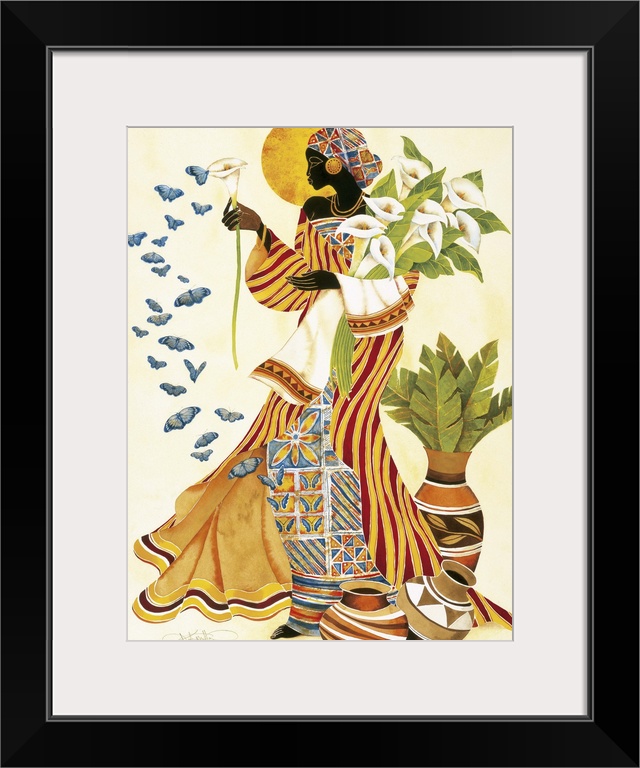 An African woman in a beautiful patterned robes holding white lilies and looking at butterflies.