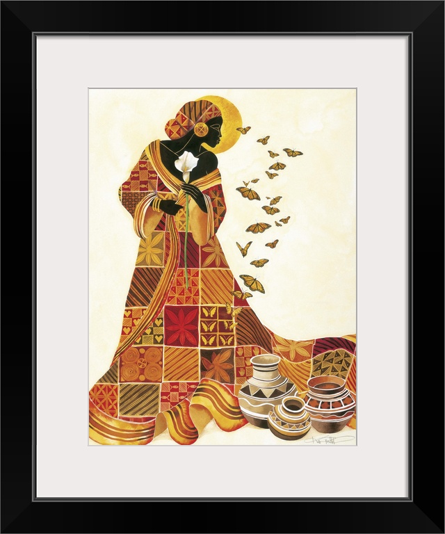 Artwork of an African woman in a patterned orange robe holding a flower and looking at butterflies.