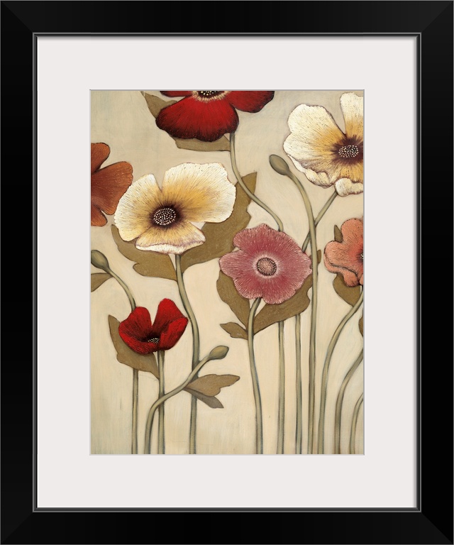 Vertical painting of a group of red, pink and yellow flowers against a neutral backdrop.