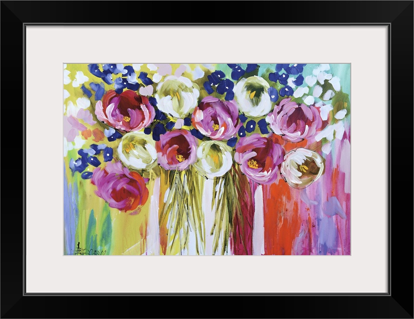 A colorful contemporary painting of a group of flowers on a multi-colored background.