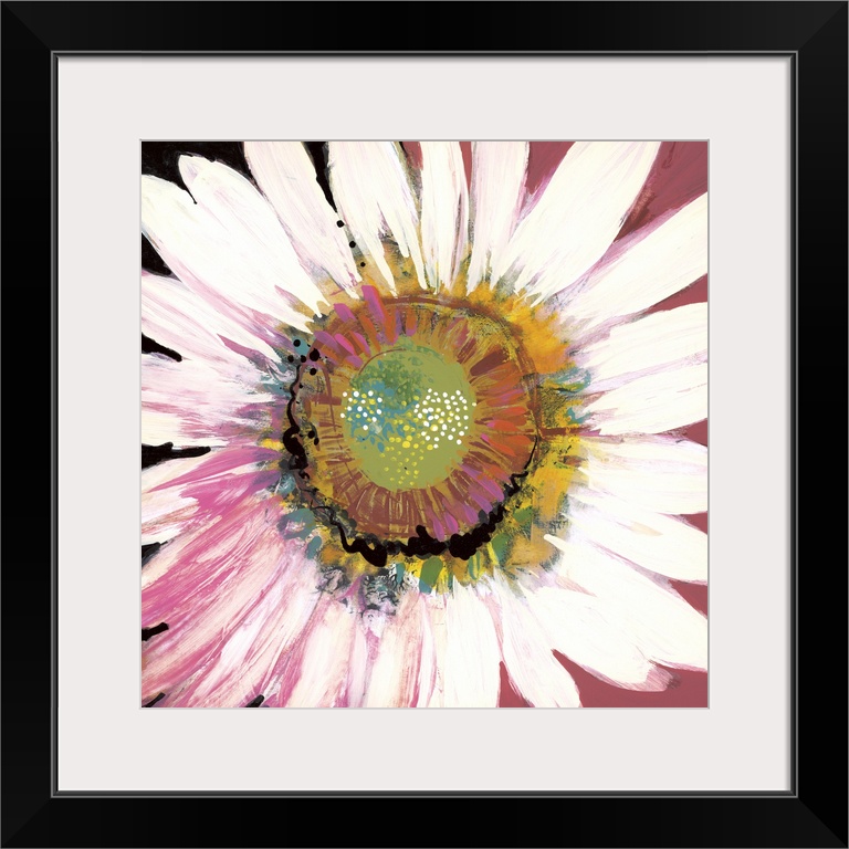 Square contemporary painting of a large blooming flower with textured colors of pink, yellow and white.