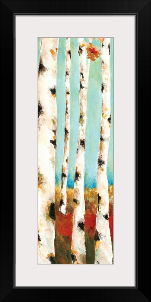 A long vertical painting of white birch trees with warm colored grass and leaves.