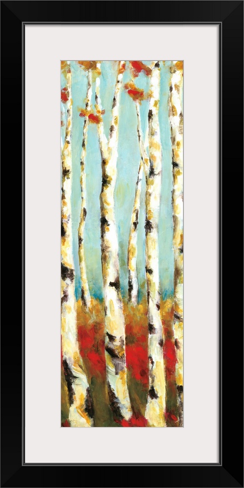 A long vertical painting of white birch trees with warm colored grass and leaves.