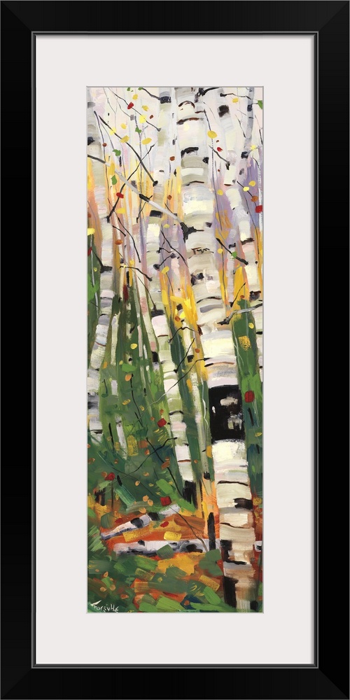 A colorful vertical painting of a forest of birch trees with vibrant colors of yellow, purple and green throughout.