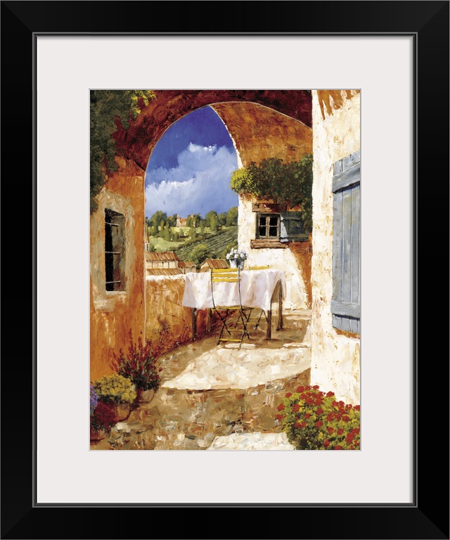 Contemporary artwork of a Tuscan villa on a sunny day.