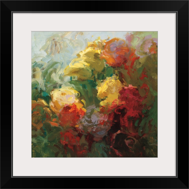 An abstract floral painting in vibrant colors of red, yellow and green.