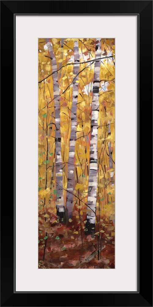 A long vertical painting of trees in the forest in the fall.