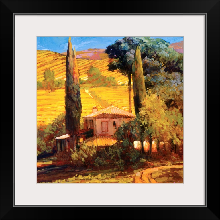 A contemporary painting of a Tuscany countryside, with rolling hills and houses.