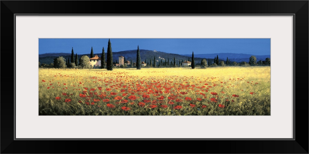 Contemporary artwork of a field of red poppies in Tuscany.