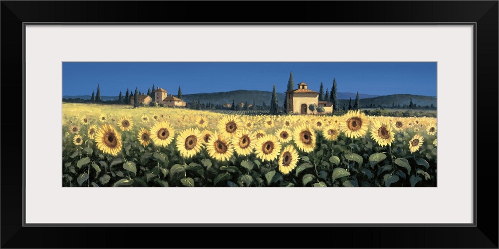 Contemporary artwork of a field of sunflowers in Tuscany.