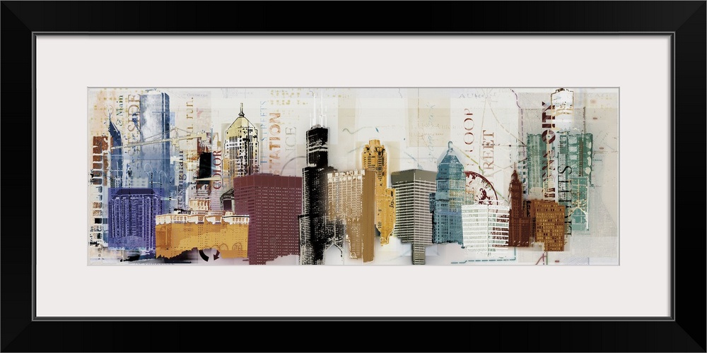 A panoramic painting of multi-colored skyscrapers with words overlapping.