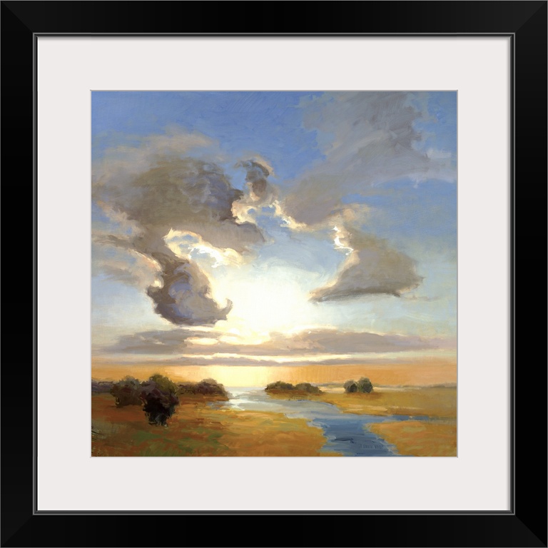 Square painting of a steam cutting through the landscape with large clouds in the sky above.