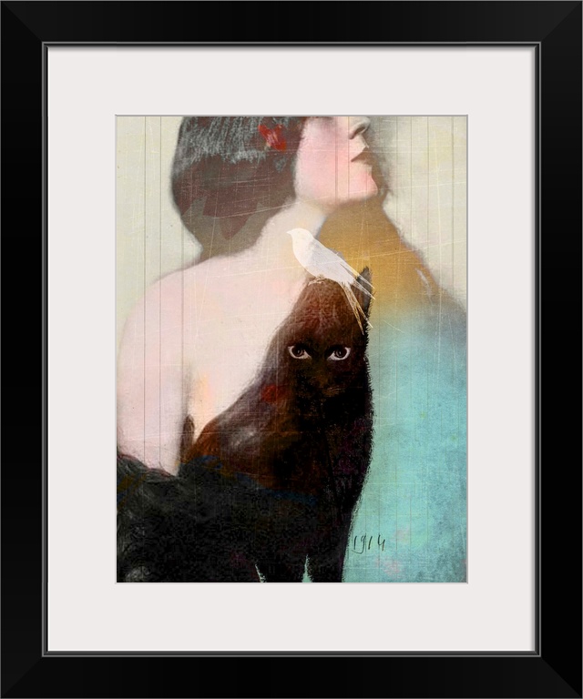 A composite image of a woman with long black hair and a black cat with a white bird on it's head.