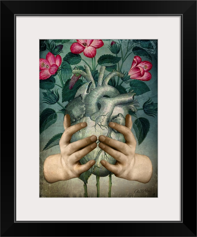 A pair of hands are holding a human heart with flowers behind it.
