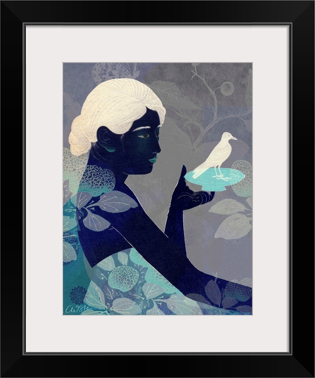 Modern artwork of a woman holding a plate with a bird on it.  The image is made up of different shades of blue.