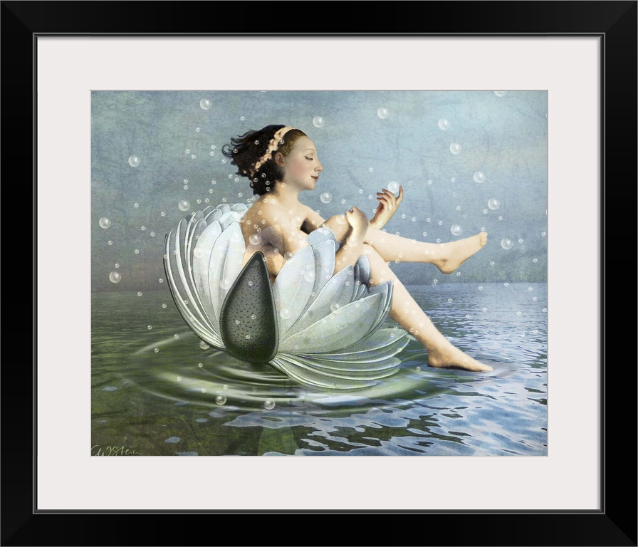 A digital composite of a female bathing on a large flower with bubbles floating in the air.