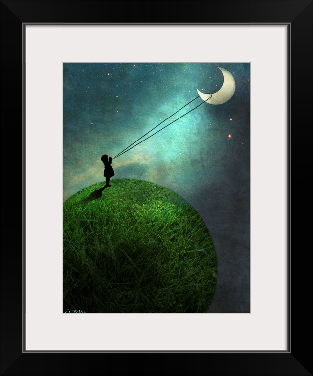 A vertical digital composite of a small child roping the moon.