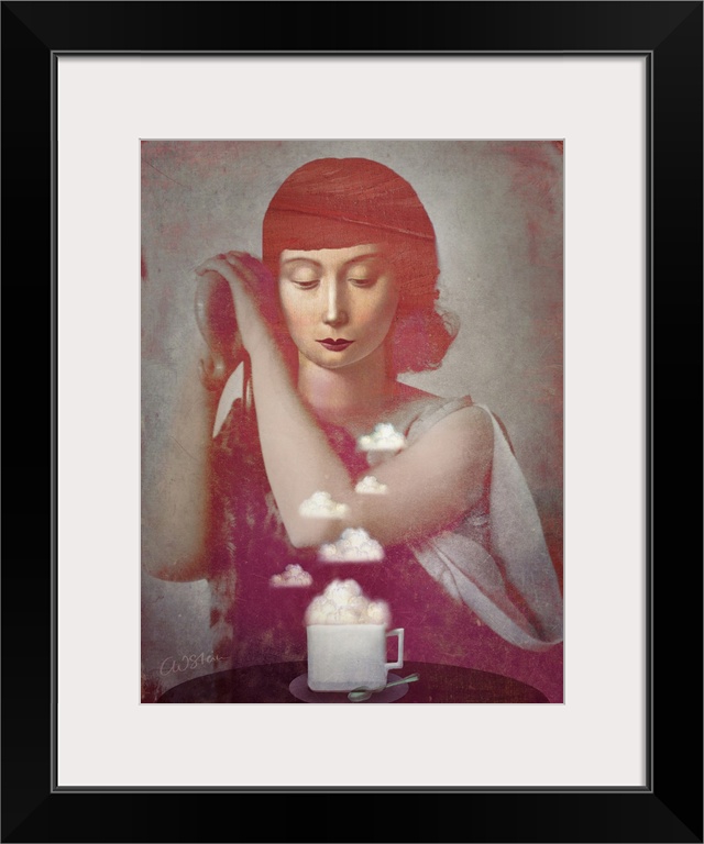 A portrait of a lady sitting at a table with a cup of clouds.