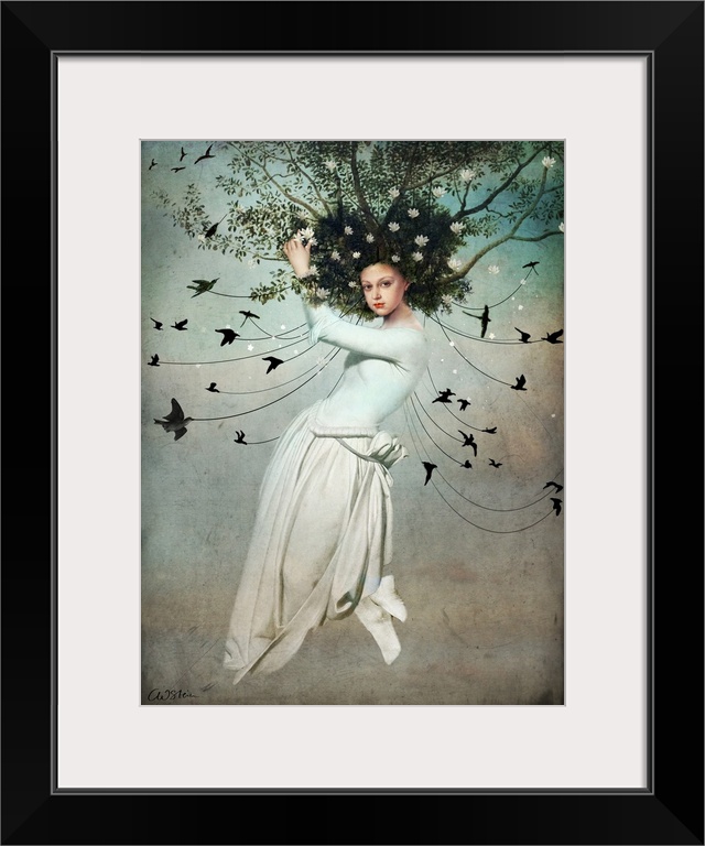 A woman in a white dress and tree branches for hair is being carried off by a flock of black birds.