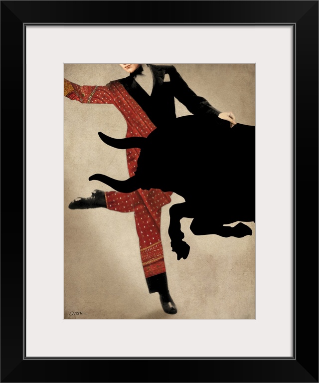 A modern take of bull fighting in which the matador is wearing a tuxedo and dancing shoes.