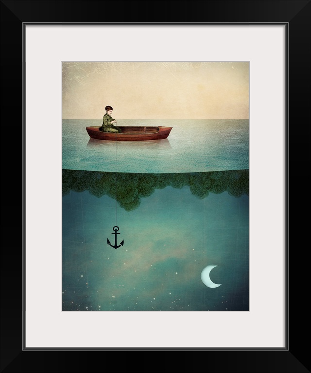 A digital abstract composite of a young boy on a boat with the moon light sky in the water.