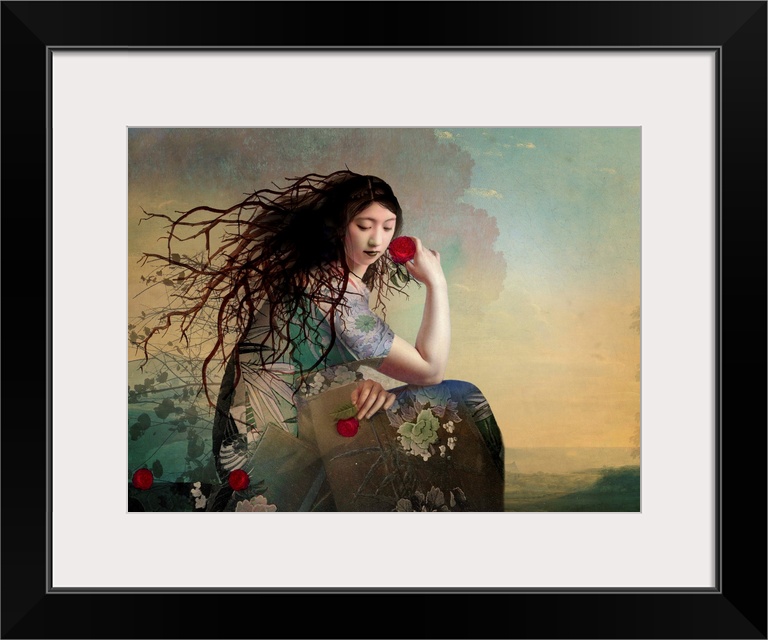 A lady with a floral dress is admiring the landscape.  She is holding a red rose and has tree limbs for hair.