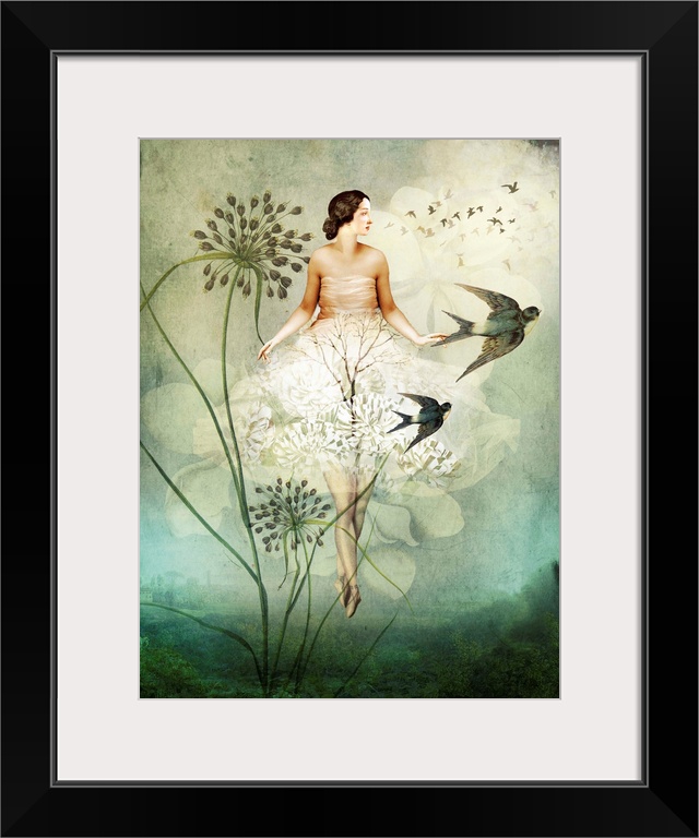 A woman floating in the sky with white flowers as bird passes by.